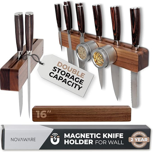 Walnut 16 inch Magnetic Knife Holder for Wall with 2x Storage & Charming Wood - Knife Magnetic Strip, Under Cabinet Magnet Knives Storage - Magnet Strip Rack Kitchen Utensil Holder Organizer Tool