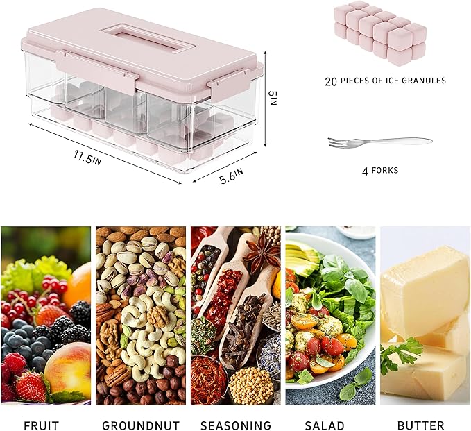 MineSign 3Pack Ice Chilled Condiment Caddy with 4 Removable Containers Taco Ingredient Server with Lid Cooled Garnish Caddy Tray for Taco Mimosa Bar Sauce Fruits&Veggies Pink