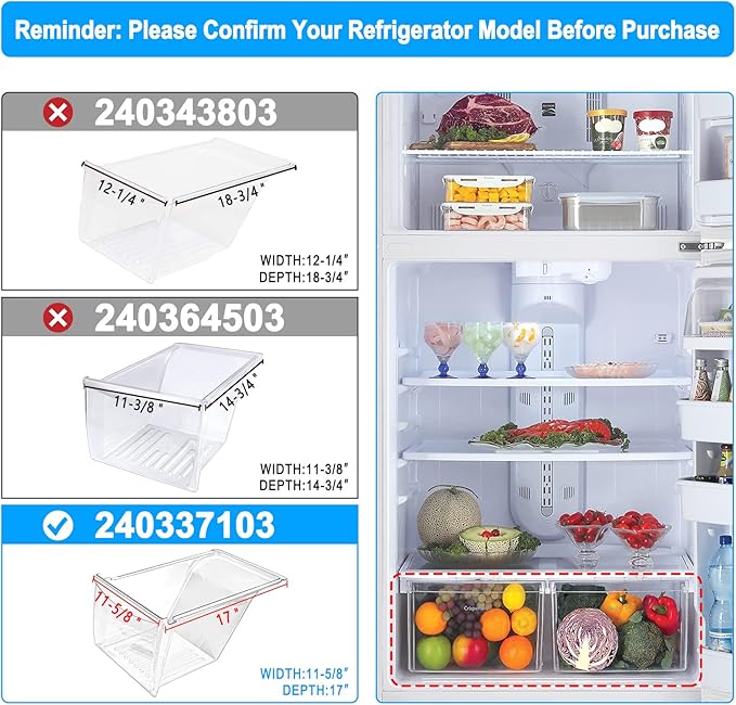[2 PACK] Upgraded 240337103 Refrigerator Crisper Drawers Bins Compatible with Frigidaire Kenmore, Frigidaire Drawer Replacement for 240337100 AP2115741 240323007, Food-grade Materials