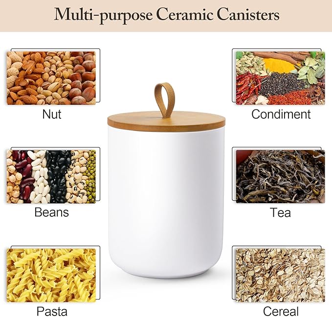 Canisters Sets for The Kitchen, Airtight Kitchen Canisters for Countertop, Kitchen Canisters Set of 3 with Top Handle, Modern Ceramic Jar with Wooden Lid for Coffee Flour Cookie Nuts (White)