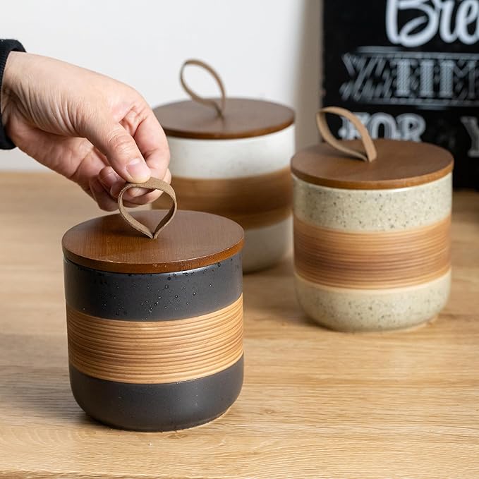 Large Storage Containers with Lids, Ceramic Coffee Container Kitchen Food Storage Jars for Spice Sugar Tea Bag, Stackable Decorative Jars for Counter, Black & 61 fl.oz