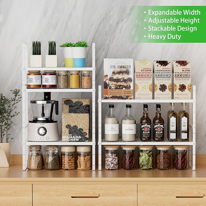 SOFRON Expandable Cabinet Storage Shelf Stackable Organizer Rack for Kitchen Bathroom Pantry Spice Cupboard Coffee Countertop Home Office Desk Heavy Duty Nonslip White Small 3 Packs