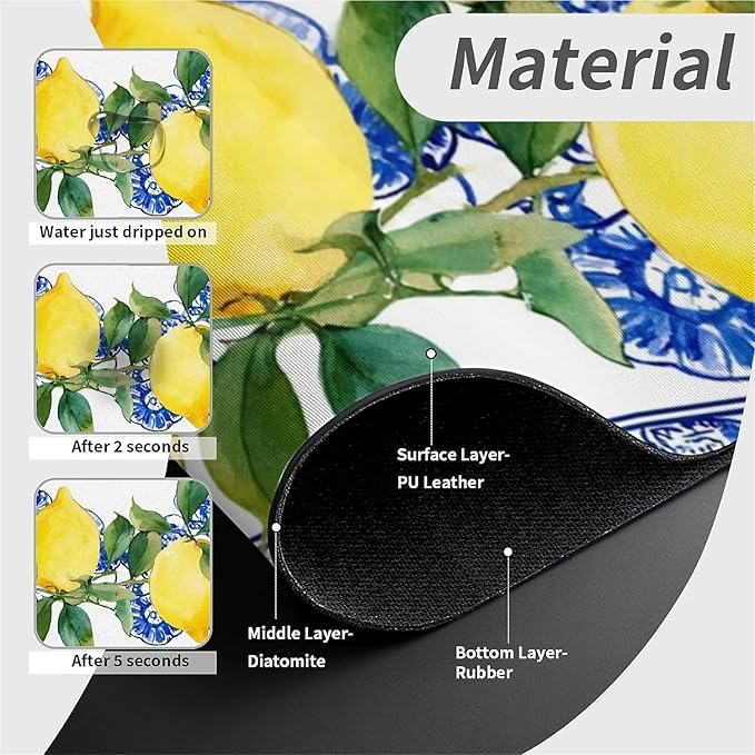 Kitchen Sink Splash Guard，Lemons and blue tiles Faucet Mat Sink Gadgets-Super Absorbent Fast Drying Mat Drip Catcher for Kitchen, Bathroom,Sink Mat, Dish Drying Mat, Bathroom(15" X 5.5" )
