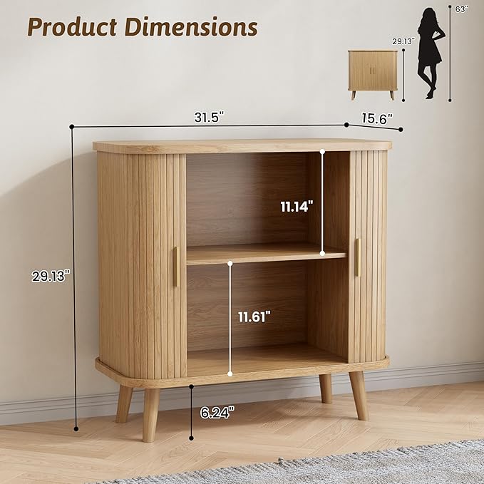 BORNOON Buffet Cabinet with Storage, Curved-Edge Fluted Storage Cabinet Sideboard, Modern Black Sideboard Buffet with Adjustable Shelves & Sliding Door for Dining Room, Kitchen, Entryway (Oak)