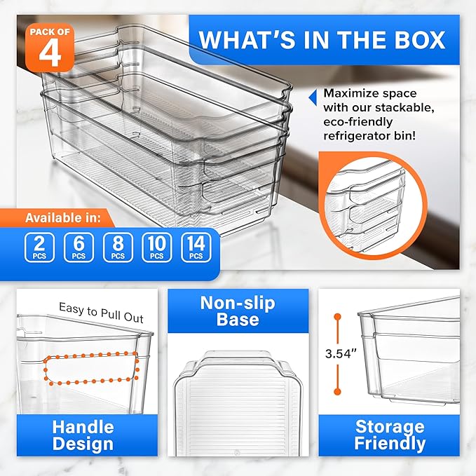 4-Piece Stackable Refrigerator Bin Organizer Set with Easy Grip Handles - Clear Multi-Purpose Storage Bins for Fridge and Pantry Use