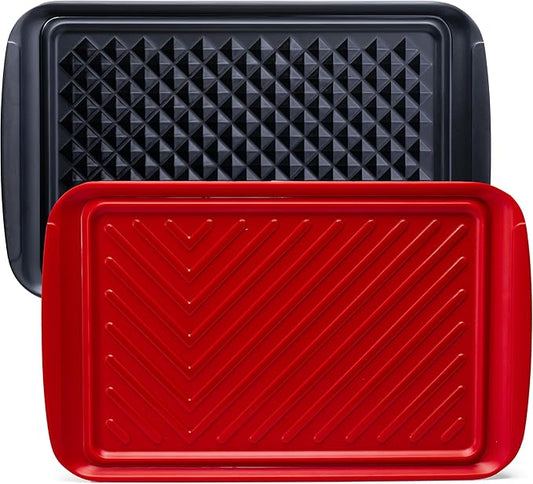 ZAROCRUS BBQ Tray for Raw Meat Prep and Cooked Food, Grill Prep and Serve Trays, Melamine Serving Trays and Platters for Food, Unbreakable Party Tray, Set of 2, Black and Red