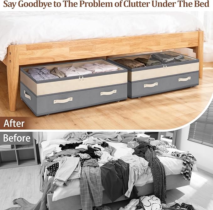 Dolicer 2 Pack Under Bed Storage with Wheels, 6in-10in Height Adjustable Underbed Storage Containers, 92L XXXL Under Bed Drawers Rolling Bin with Clear Lids for Dorm Shoes Clothes Organizers(Grey)