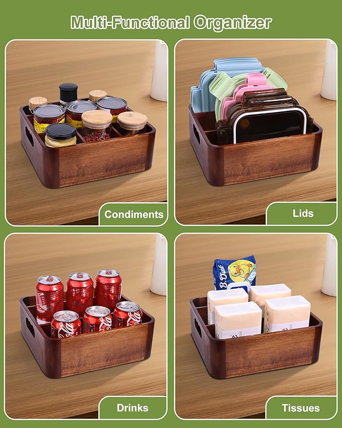 Bonfixe Acacia Wood Utensil Holder, Silverware Organizer Caddy with 4 Anti-Slip Pads, 5 Removable Dividers Utensil Organizer for Kitchen Counter, Party, and Picnic