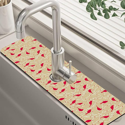 Christmas Cardinal Birds Kitchen Sink Splash Guard Mat Absorbent Fast Drying Mat Faucet Draining Mat Sink Splash Guard Behind Faucet Drip Catcher for Kitchen Bathroom 5.5"×24"