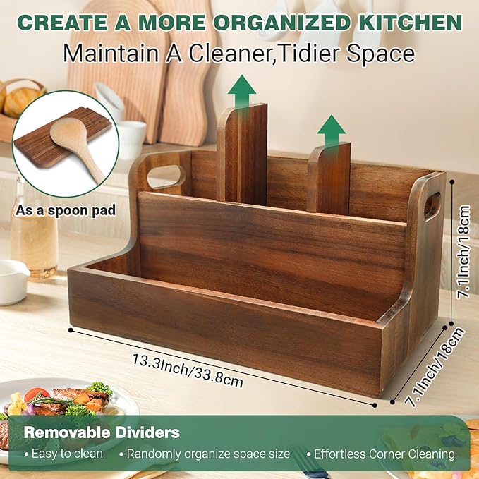 LAGOUPICK Kitchen Utensil Holder for Countertop with 4 Compartments Acacia Large Utensil Holder Wooden Storage for Cooking,Baking,Flatware Tool Kitchen Utensil Organizer