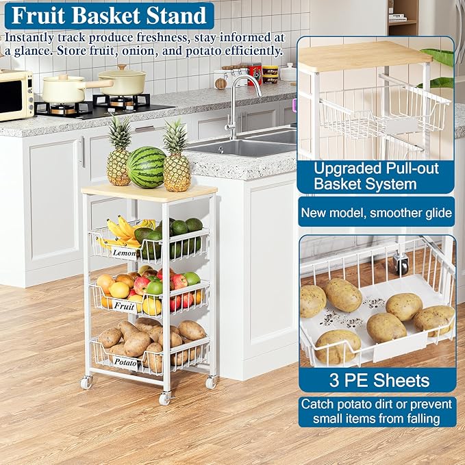 4-Tier Small Kitchen Storage Cart on Wheels with Pull-Out Drawers, Rolling Pantry and Snack Organizer Cart with Wood Top, Kitchen Floor Fruit Basket Stand for Fruit Potato Onion Veggie Snack