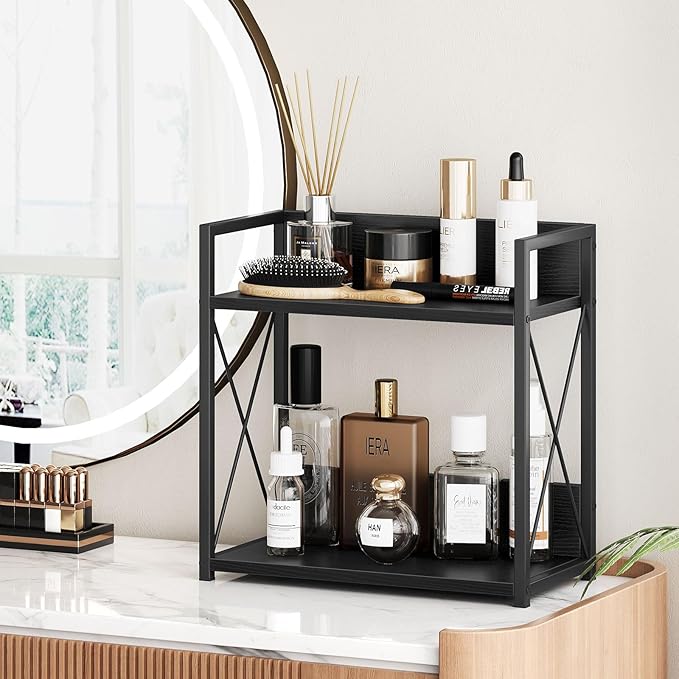 Giikin Kitchen Countertop Organizer, 2 Tier Coffee Bar Organizer, Black Spice Rack for Counter, Kitchen Counter Shelves (Black, L)