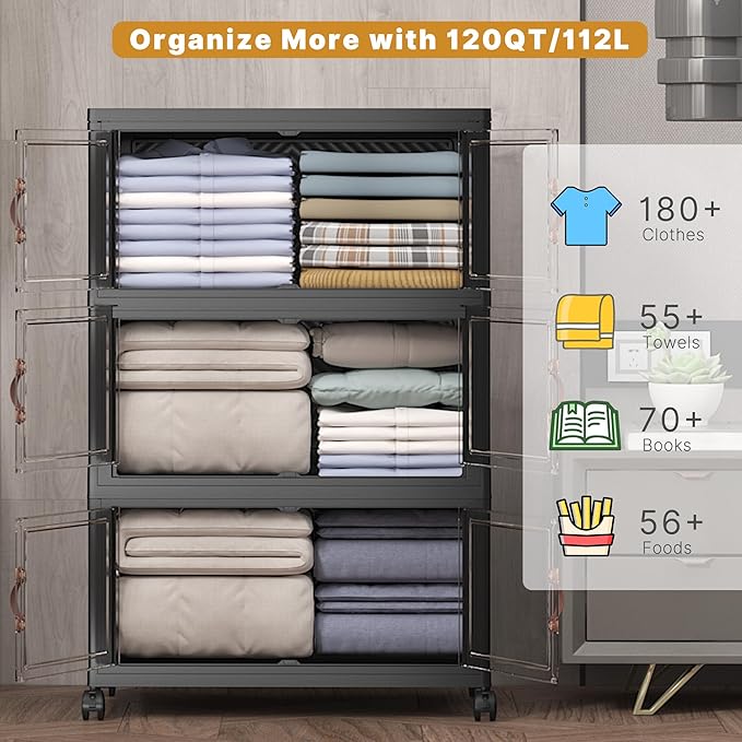 Extra Large Stackable Storage Bins with Lids & Wheels, 165QT-55QT/14GAL*3Pack Foldable Collapsible Closet Organizers Dark Storage Cabinet with Doors for Bedroom Dorm