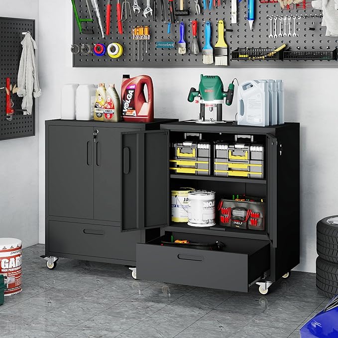 BIZOEIRON Metal Storage Cabinet with Wheels, Mobile Garage Storage Cabinet with 2 Lockable Doors and 1 Drawer, Rolling Tool Cabinet, Assembly Required, Black