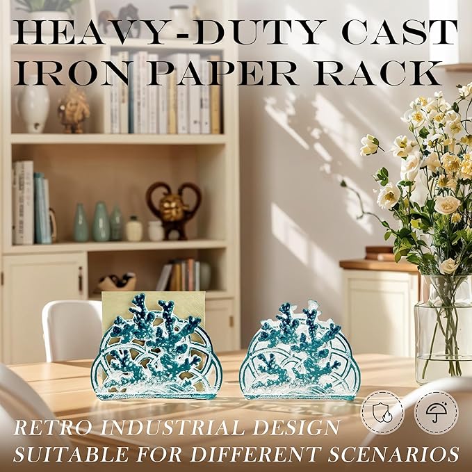 Linton Arts Cast Iron Napkin Holder for Table, Decorative Coral Design Cocktail Napkin Holder, Heavy Duty Napkin Dispenser for Paper Napkins, Kitchen Island & Bathroom Decor