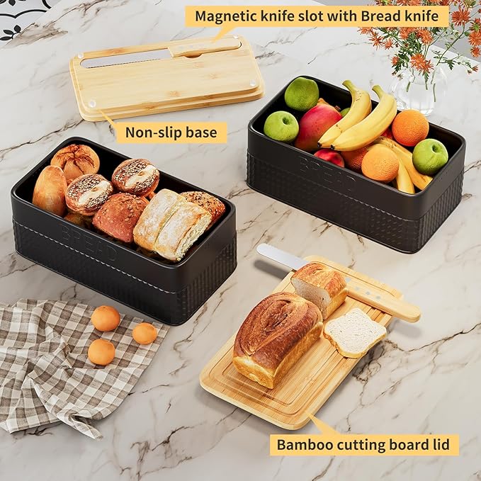 Furshus Bread Box for Kitchen Countertop,Metal Bread Storage Bin with Bamboo Cutting Board Lid, Includes Bread Knife, Fits Sourdough & Buns, Stylish Organize (Black)