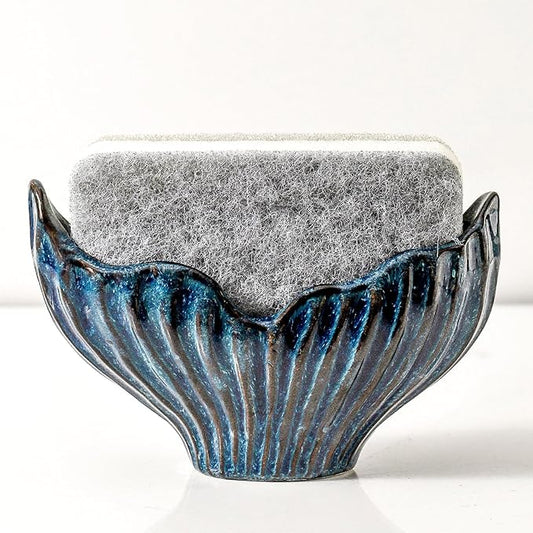Sponge Holder for Kitchen Sink, Ceramic Sponge Holder with Fishtail Design, Sink Sponge Holders Caddy Organizer for Countertop, Farmhouse Kitchen Decor, Compact Sponge Holders(Blue)