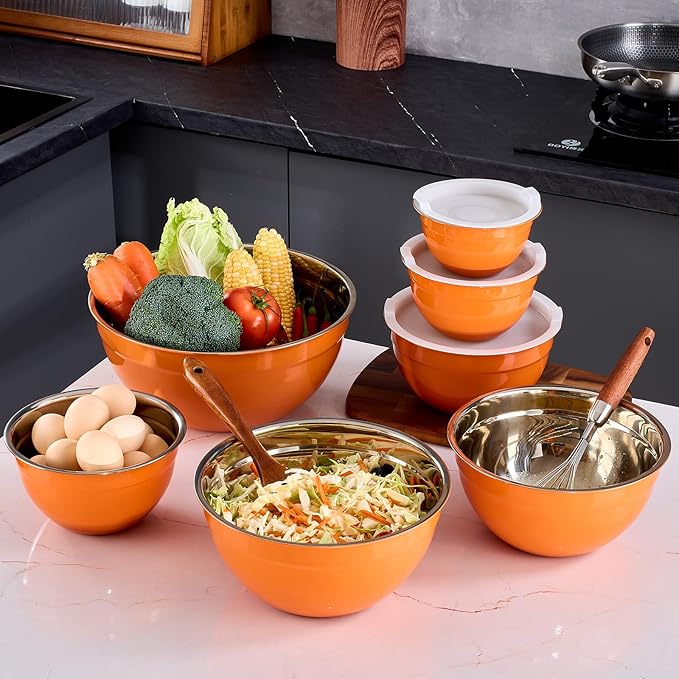 Onlycooker Orange Mixing Bowls With Airtight Lids,Stainless Steel Bowl,Salad Bowls 7 Piece Colorful Nesting Bowl Orange Kitchen Accessories,Size 7,3.6,2.7,2.1,1.5,1.1,0.8QT Stackable Design