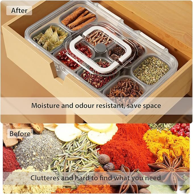 Snackle Box Container, Stainless Steel Divided Serving Tray with Lid and Handle, 8 Compartment Portable Snack Platters - Clear Storage Organizer for Fruit Candy Nuts Veggie - Perfect for Travel Party