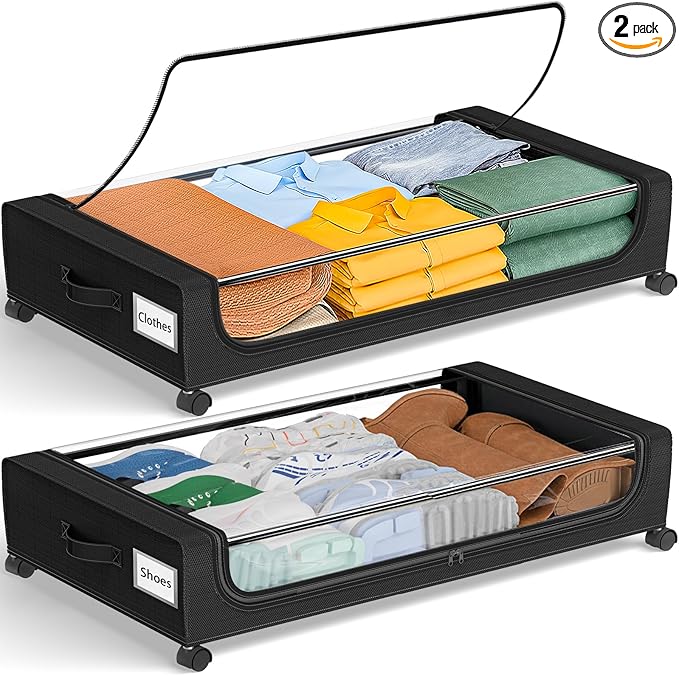 GoMaihe Under Bed Storage with Wheels: XXL Underbed Storage Containers with Clear Lids - Rolling Drawers & Bins for Shoes Clothes in Dorm Bedroom - Space-Saving Easy Pull-out Black 2-Pack
