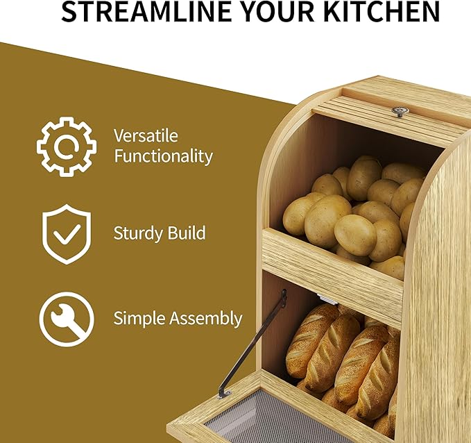 Potato and Onion Storage Bin,Potato Storage Bin Movable Bread Box with Wheels,Root Fruit and Vegetable Storage,Farmhouse Bread Storage Container,Kitchen Pantry Cabinet (Natural)