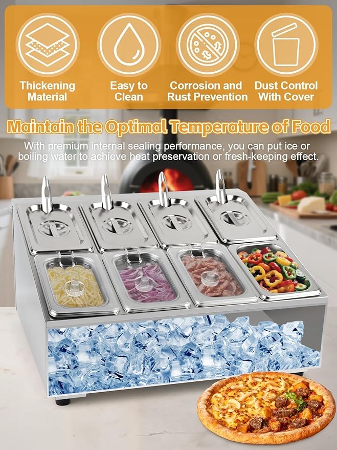 Lanstics Pizza Topping Station Pizza Storage Container Topping containers with Lids Spoon Condiment Organizers Buffet Containers Set for Restaurant Pizza Sauce Jam Fruit Ingredient Pantry (8 Pans)