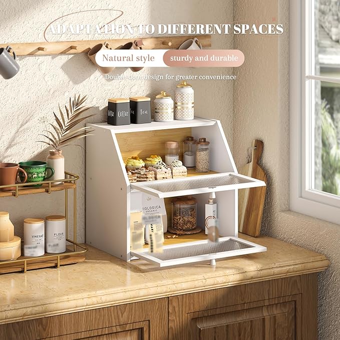 STDDRE Bread Box for Kitchen Countertop Bin Double Layer Bread Box Storage Container Extra Large Capacity with Diamond Pattern Windows (White, Extra Large)