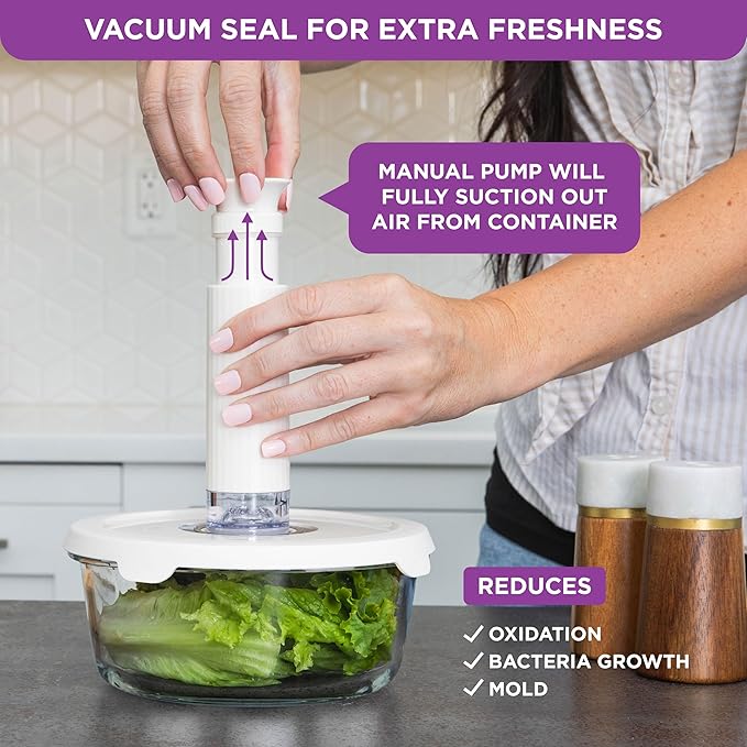 HOLDN’ STORAGE Vacuum Food Storage Containers, Set of 6 Glass Containers & Manual Pump, Keep Food Fresh Longer, BPA-Free Glass, Leak-Proof, Ideal for Meal Prep, Marinating