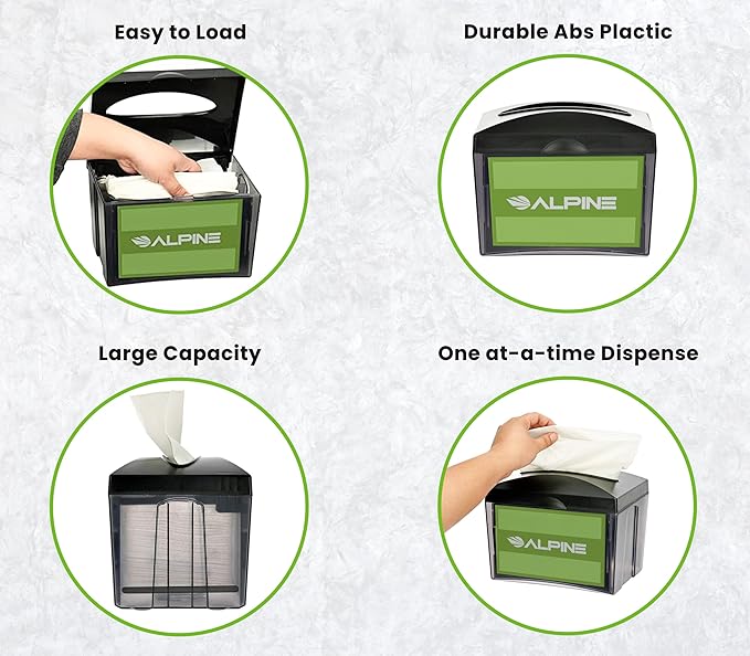 Alpine Tabletop Commercial Napkin Dispenser Restaurant Napkin Holder for Interfold Napkins with Condiment Holder & 2 Side Marketing Space Insert for Restaurants, Cafeterias, Food Trucks, Clubs - Black