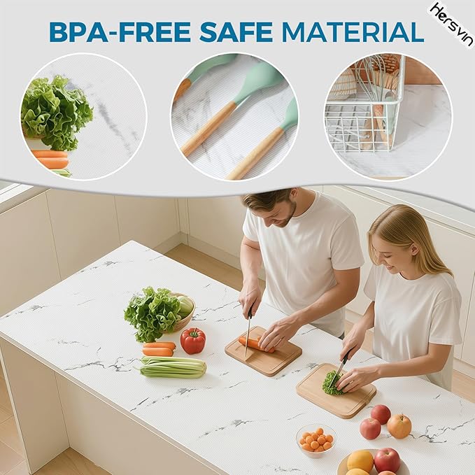 Hersvin Shelf Liners 14 in x 20 ft EVA Drawer Mats, Non-Adhesive Cupboard Protector, Kitchen Cabinet Lining Fridge Liner (White Marble Stripe, 35.6x610cm)