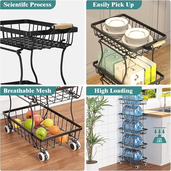 5 Tier Slim Fruit Basket for Kitchen, Stackable Wire Fruit Vegetable Storage Baskets Organizer Stand on Wheels, Metal Produce Basket Potato Onion Storage Bins Rack for Pantry, Black