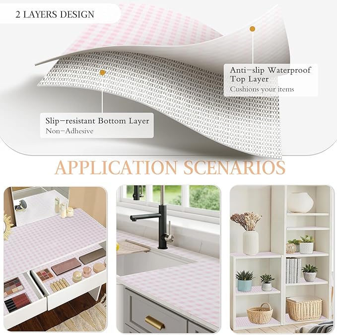 Beautysaid Shelf and Drawer Liner for Kitchen Cabinet, Non Adhesive Non Slip Shelf Paper Waterproof Washable Thickened for Dresser Pantry Shelve Bathroom Protector Liner(Pink Checkered,12 in x 20FT)