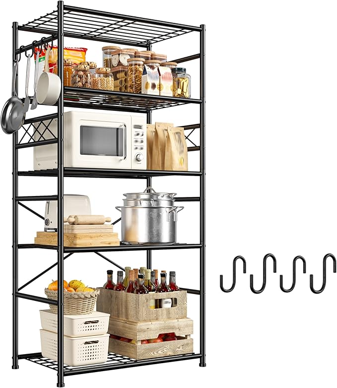 Metaling Shelving 5 Tier Shelf Organizer with Hooks,Storage Shelves Heavy Duty Garage Shelves Unit with Leveling Feet,Wire Shelving for Pantry, Kitchen and Closet,23.6" W x 13.8" Dx72.4 H