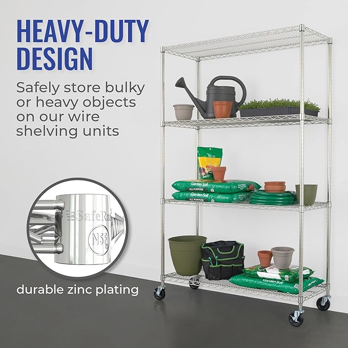SafeRacks - NSF Certified Storage Shelves, Zinc, Heavy Duty Steel Wire Unit with Wheels and Adjustable Feet, Garage or Bakers Rack, Kitchen, Pantry Shelf - (18"x48"x72" 4-Tier) (Silver)