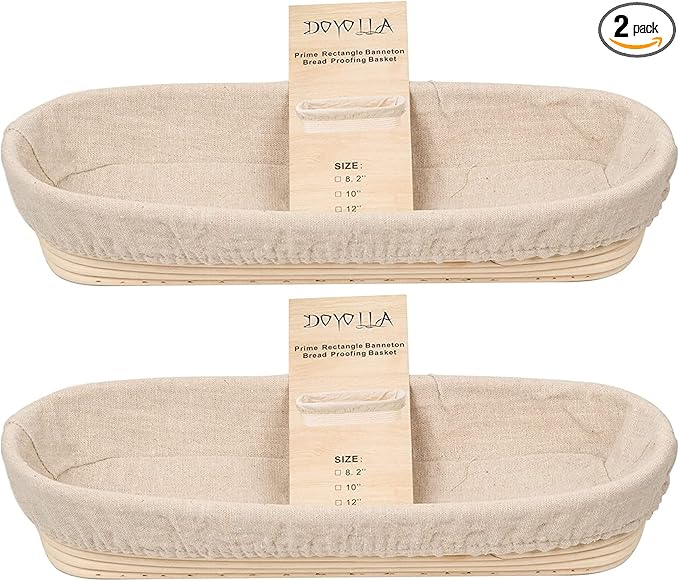 DOYOLLA 14.5inch Oval Bread Dough Proofing Rising Rattan Basket & Liner Combo for Professional & Home Baking (2 basket & 2 liner)