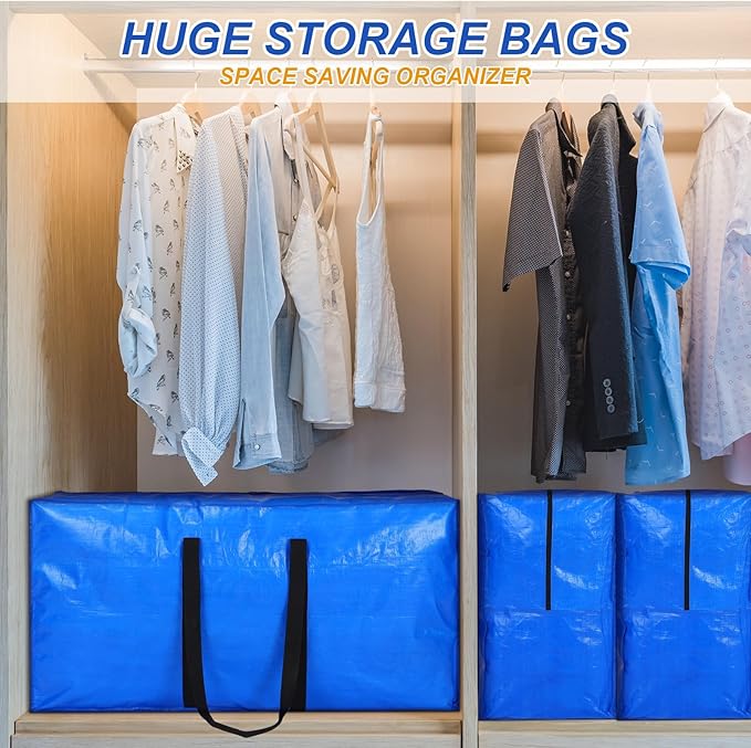 Windyun 4 Pack 98 Gallon Extra Large Moving Bags XXL Heavy Duty Storage Bag with Strong Zipper Handle Jumbo Big Tote Box Foldable for College Dorm Travel Clothes Duffle Blanket Pillow(Blue)