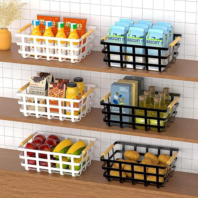 Large Metal Pantry Storage Baskets,4 Packs Farmhouse Baskets,Food Organizer Storage Bin Basket with Wood Handles for Kitchen Cabinets Shelf Pantry,White
