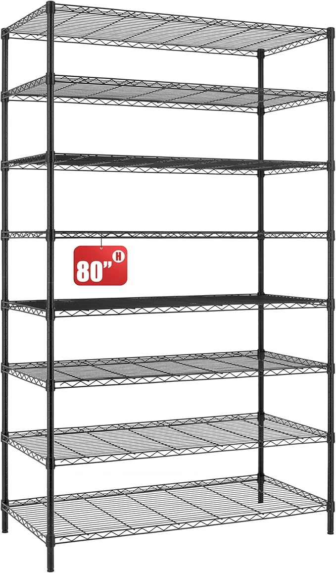 Finnhomy 4000LBS 8-Tier Wire Shelving Unit Adjustable Steel Wire Rack, 24x48x80.2 Inches 8 Shelves Metal Rack, Pantry Shelves for Storage, Metal Garage Shelving with 1" Pole, NSF Certified, Black