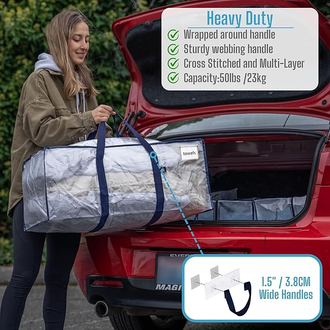 VENO 8 Pack Moving Bags, Christmas Storage Containers, Storage Bins with Lids, Reinforced Wraparound Handles, Packing Bags for Clothes, Bedding, Comforters (Clear, 8 Pack)