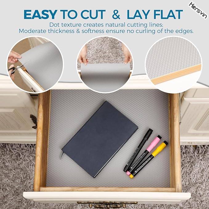 Hersvin Shelf Liners, 12in x 20ft Kitchen Drawer Mats, Non-Adhesive EVA Cupboard Protector, Cabinet Lining (Light Gray/Dot)