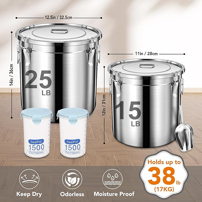 Newget Dog Food Storage Containers, Large Stainless Steel Pet Food Storage Containers 38 lb / 17 kg to Keep Fresh, Metal Airtight Cat Food Containers With Scoop and 2 Small Containers