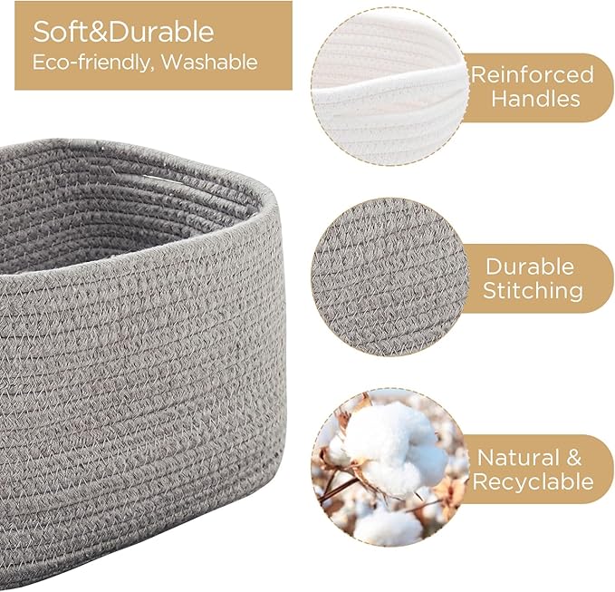 R RUNKA Small Cotton Rope Basket – Storage Bin for Organizing (10.6" x 6.7" x 6.7"), Bathroom Storage Basket for Shelf, Counter & Closet（Grey）