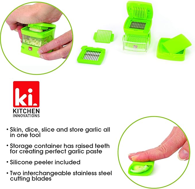 Kitchen Innovations Garlic-A-Peel Garlic Press, Crusher, Cutter, Mincer, and Storage Container - Includes Silicone Garlic Peeler - Easy to Clean - Stainless Steel Blades – (Green), standard