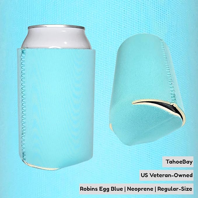 TahoeBay Neoprene Can Cooler Sleeves (50-Pack) Bulk Blank Sublimation Blanks for Vinyl Regular Size Plain Beer Coolers for Soda Cans & Bottles Black, White, Solid Color Set (Robins Egg Blue)