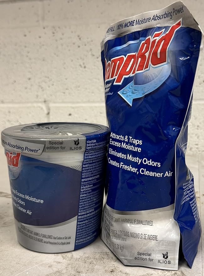 DampRid Refillable Moisture Absorber, Includes Single Damp Rid Pure Linen 11oz. Cup & 44oz. Refill Bag - Moisture Absorbers for Closet, 10% More Absorbing Power*, Cleaner Air - ILIOS Packaging.