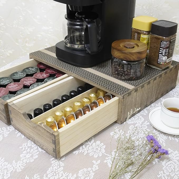 DDYURI Coffee Pods Storage Drawer Holder for Capsules - Multi Functional Desk Organizer Drawers For K cups Coffee Maker Brew - Kitchen Mini Wooden Box Chest Sideboard Counter Organization CF1D2C Dark