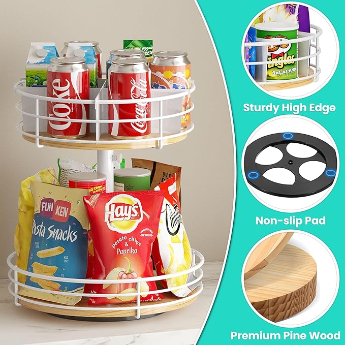 HISKIWUU Snack Organizer with Adjustable Height and 360°Rotation, 2 Tier Lazy Susan Snack Storage Holder for Countertop Office Home Breakroom, White