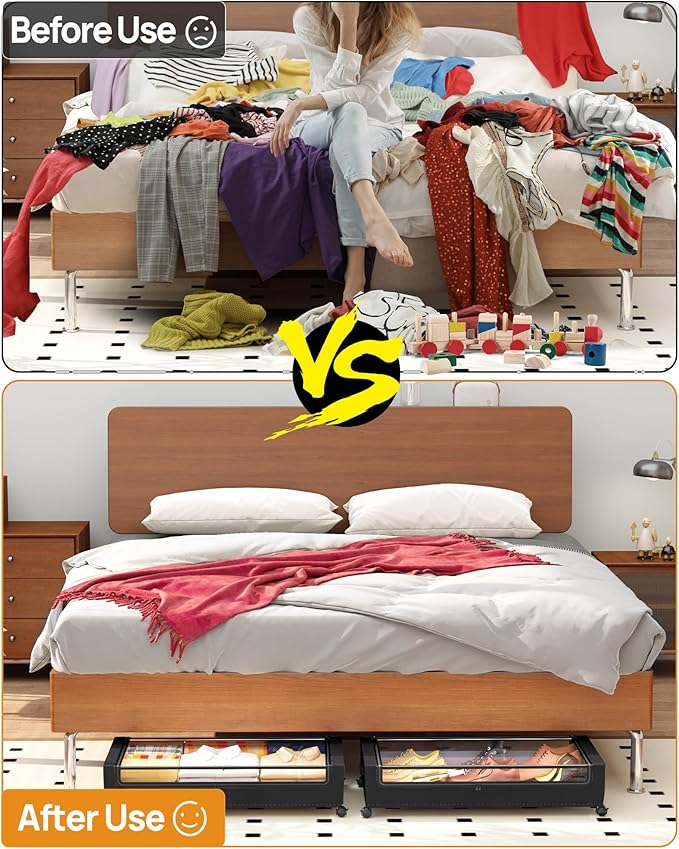 Underbed Storage with Wheels, Square Under Bed Storage Containers, 60L Under The Bed Storage, Rolling Under The Bed Storage Metal Drawer for Clothes, Blankets, Shoes...