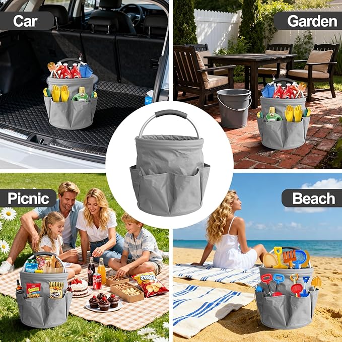 Foldable cleaning caddy basket & Portable cleaning caddy Bucket Cleaning Organizer with Handle and 6 Pockets cubetas para limpieza for Home Garden Camping Storage (Gray)