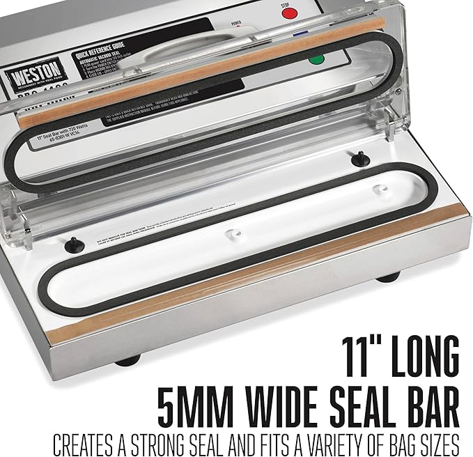 Weston Brands Vacuum Sealer Machine for Food Preservation & Sous Vide, Extra-Wide 5mm Bar for Sealing Bags up to 11" Wide, 720 Watts, Commercial Grade Pro 1400, Stainless Steel (65-0301-W)